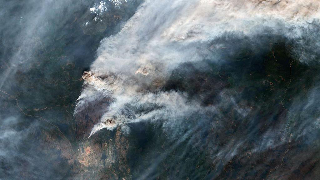 A satellite image shows smoke rising from wildfires.