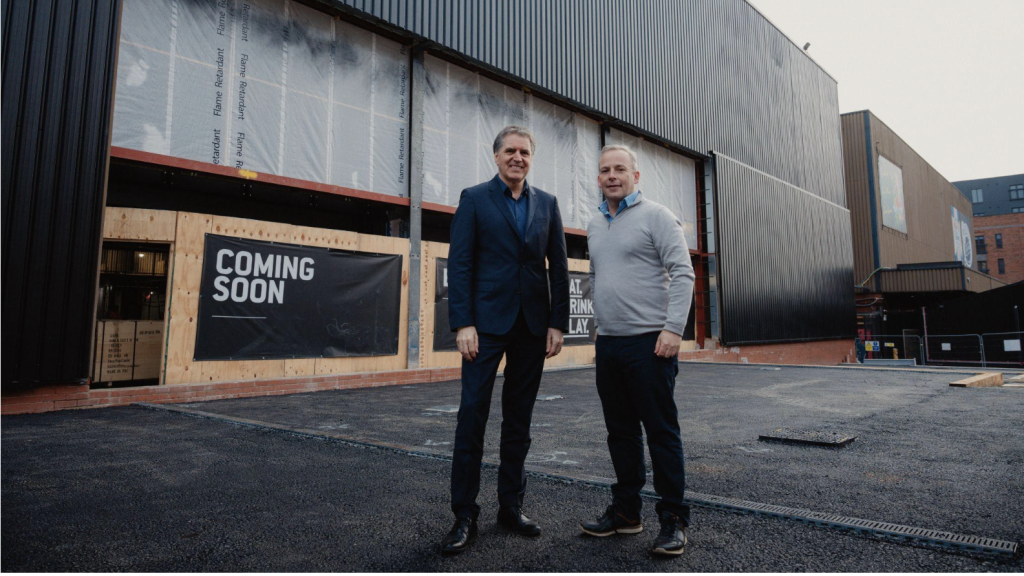 Steve Rotheram and Simon Champion at Cains Brewery Village outside of Boxpark Liverpool