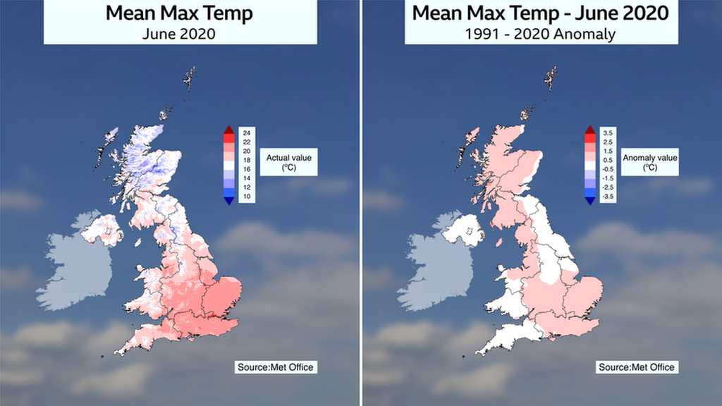 A map showing mean max temp in June 2021 next to an anomaly map showing mean June max temperatures for 1991 to 2020