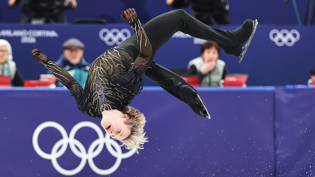 Ilia Malinin of the United States performs a somersault during his routine in the Figure Skating, Team Event, Men's Single Skating Free Skating