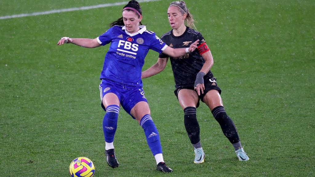 Leicester City’s Sam Tierney (left) and Arsenal’s Jordan Nobbs in action