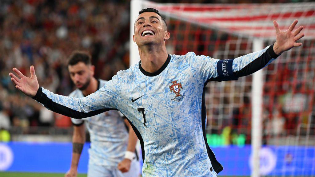 Cristiano Ronaldo celebrates scoring for Portugal against Croatia