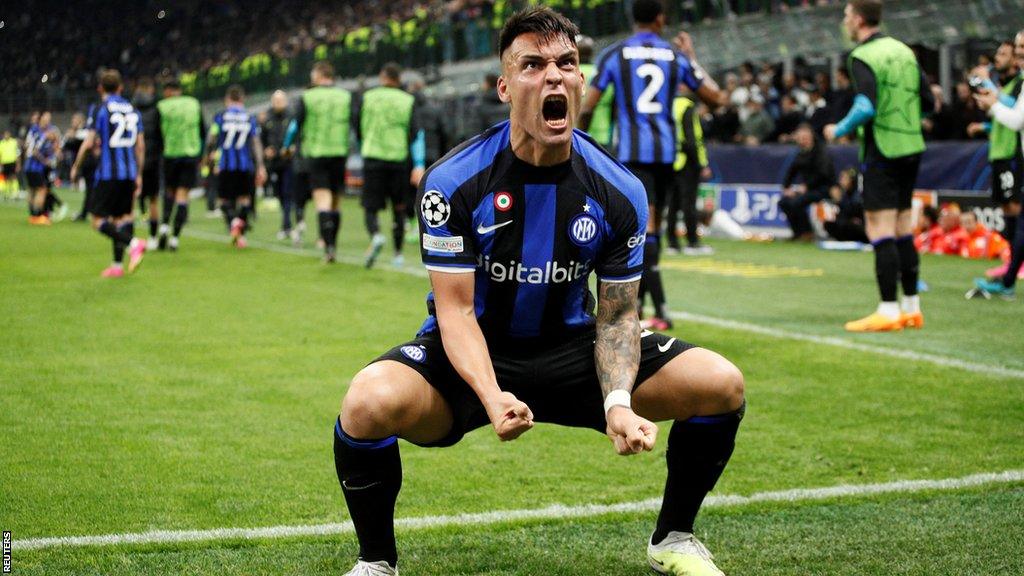 Lautaro Martinez celebrates scoring for Inter Milan against Benfica in the Champions League