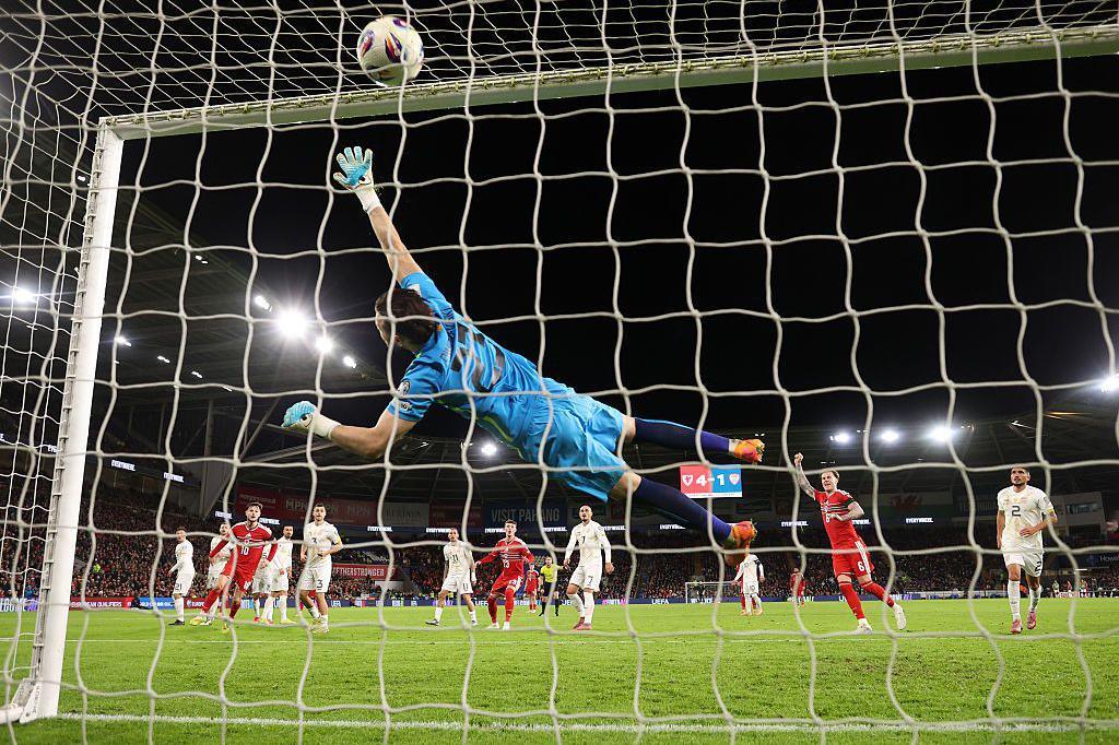 Harry Wilson of Wales celebrates after scoring their side's fifth goal during the Fifa World Cup 2026 qualifier match between Wales and North Macedonia at Cardiff City Stadium on November 18, 2025 in Cardiff, Wales.