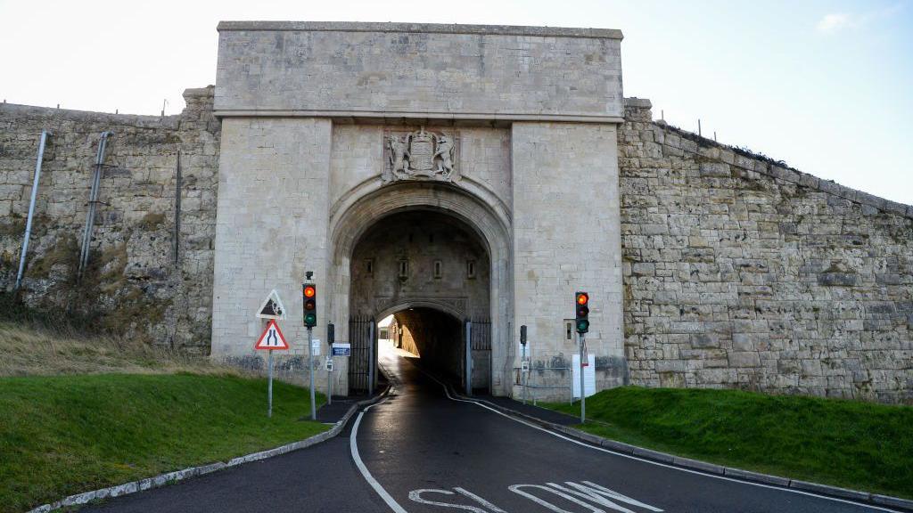 A general view of the entrance to HMP The Verne in February 2022. 