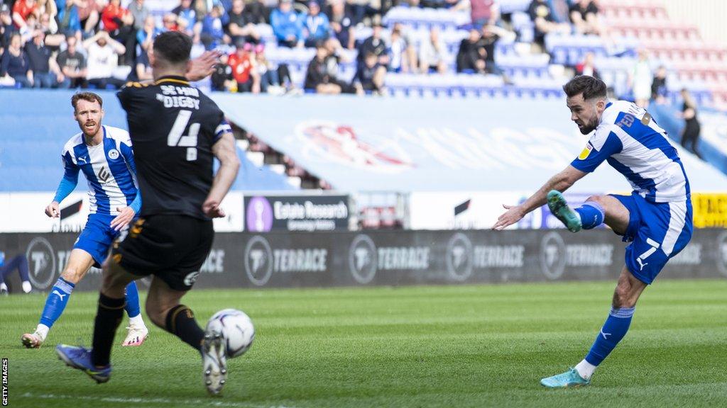 Gwion Edwards of Wigan Athletic has a shot at goal