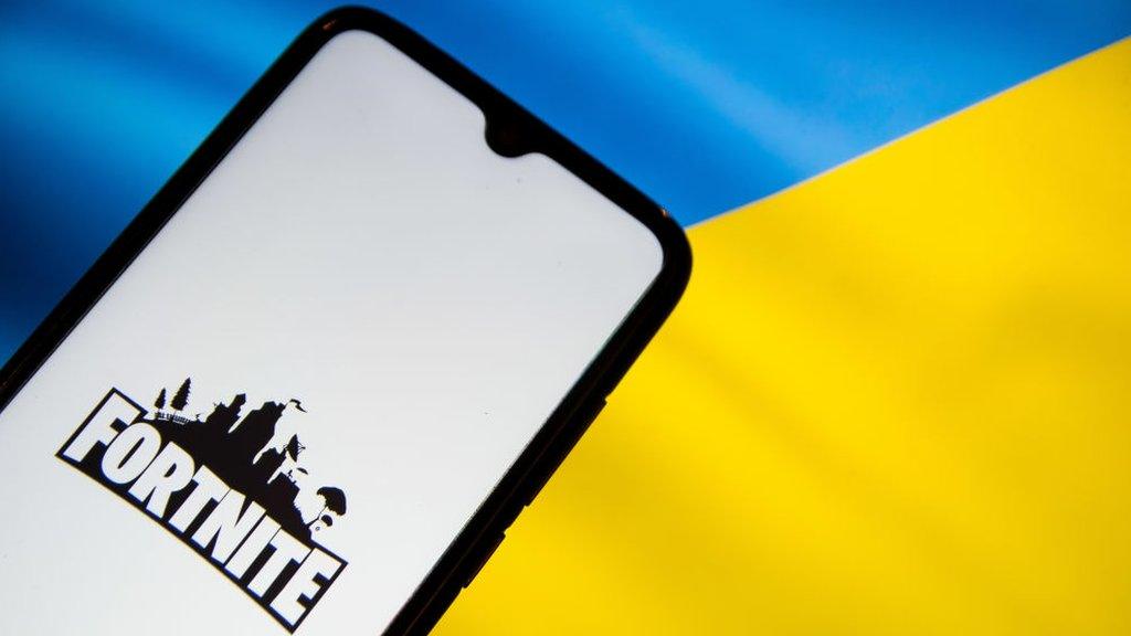 Fortnite logo superimposed on Ukraine flag