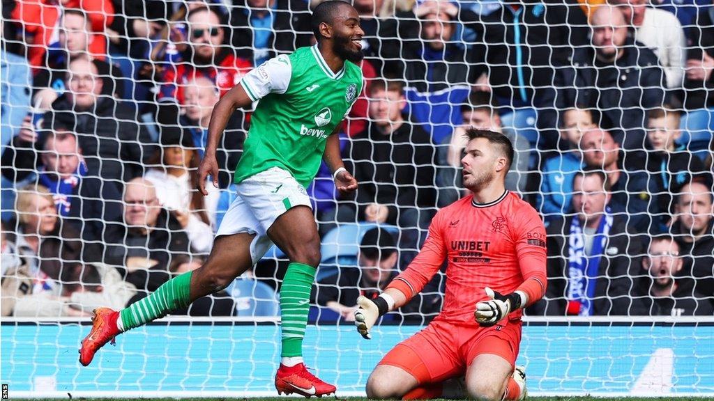 Hibs' Myziane Maolida celebrates scoring against Rangers