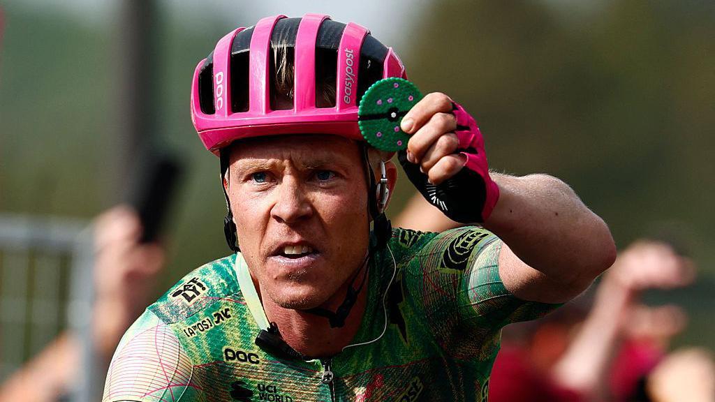 Michael Valgren of Denmark and Team EF Education-EasyPost celebrates at the finish line as stage winner during the Giro d'Italia 2026, stage 17