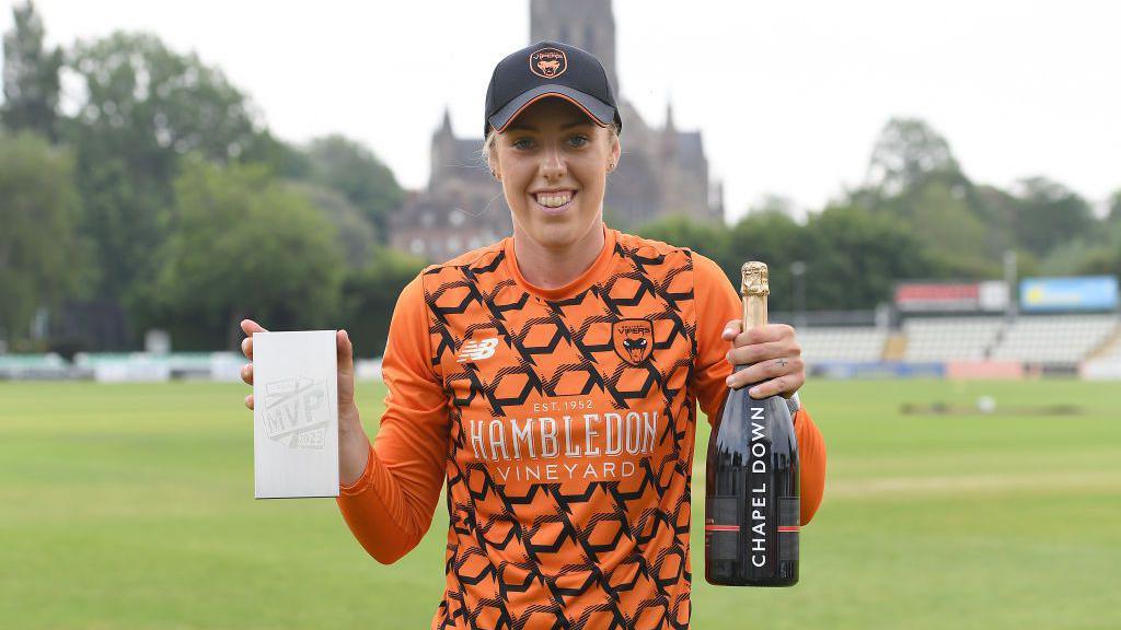 Georgia Adams of Southern Vipers poses as winner of the Player of the Series award during the Charlotte Edwards Cup Final between The Blaze and Southern Vipers at New Road