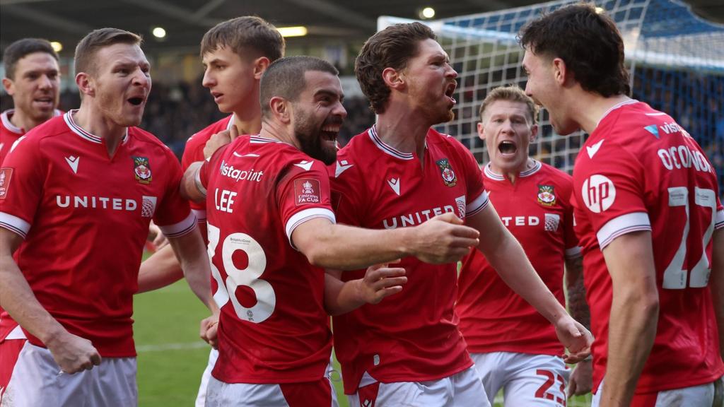 Wrexham celebrate Tom O'Connor's goal