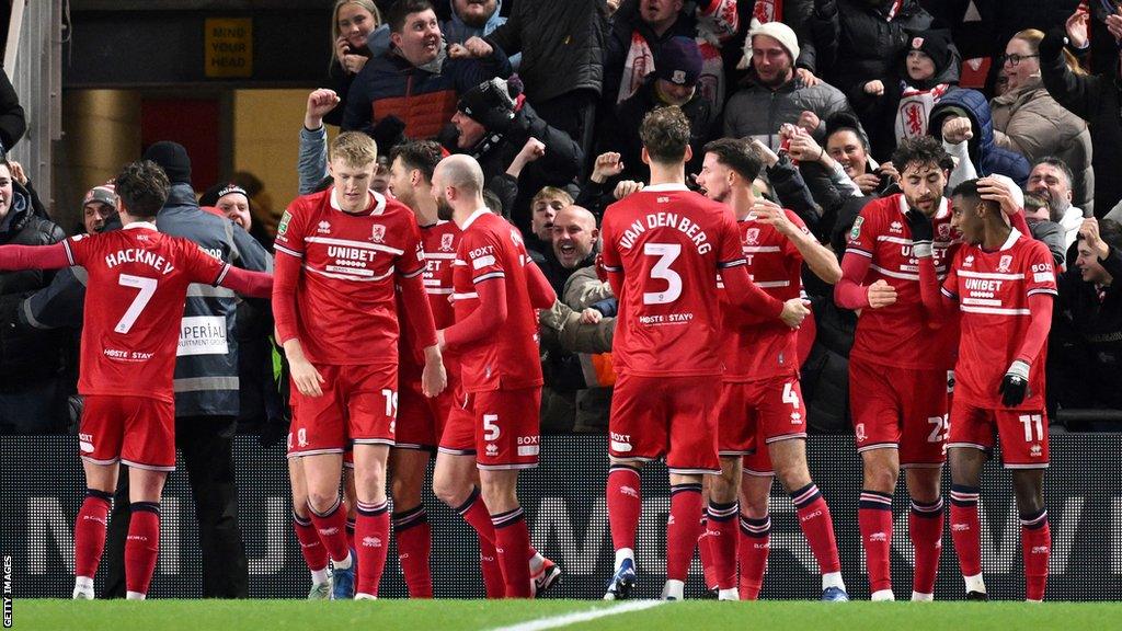 Middlesbrough players celebrate Hayden Hackney's goal against Chelsea in the EFL Cup semis first leg