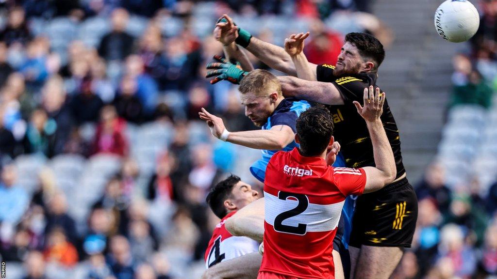 Con O'Callaghan fists one of Dublin's four goals in the Division Two Final win over Derry last year