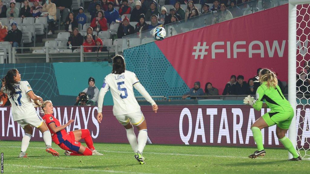 Sophie Haug volleys in the opening goal for Norway in Auckland