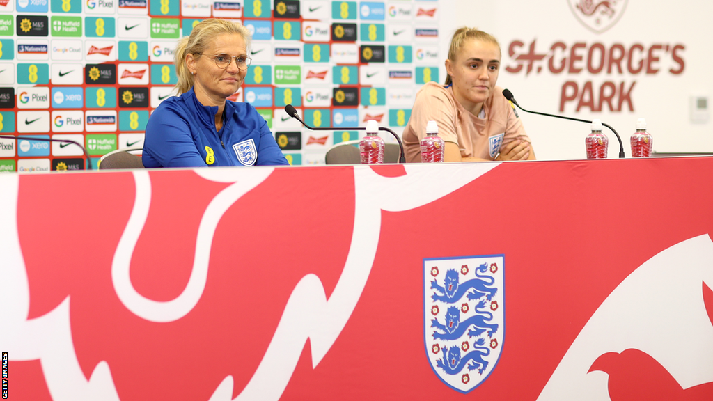 England boss Sarina Wiegman and Georgia Stanway at a news conference