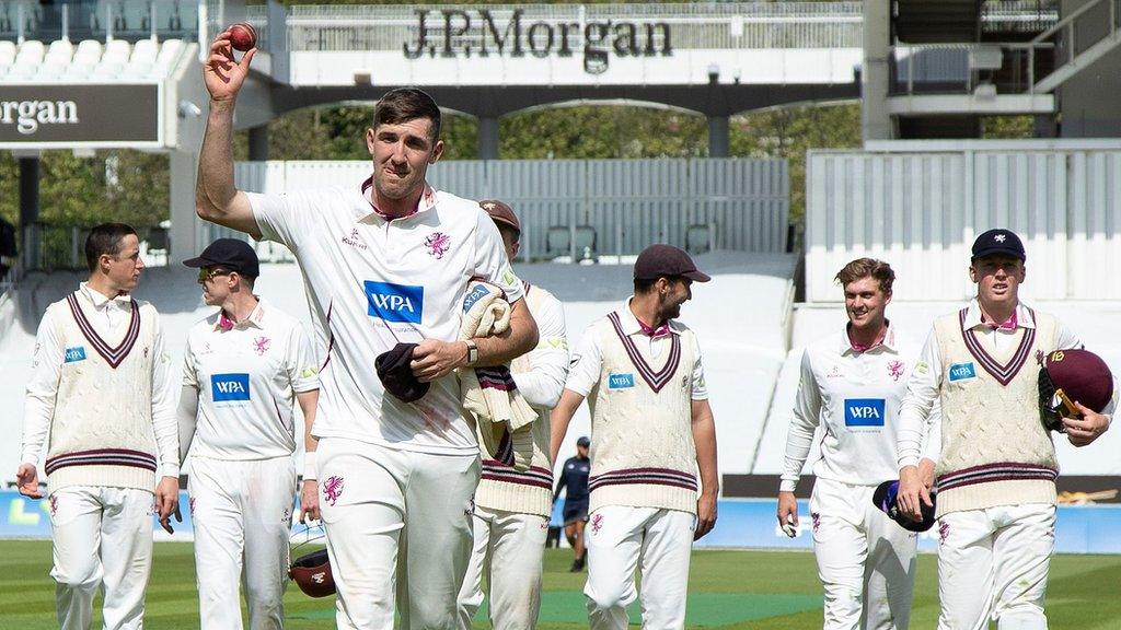 Craig Overton celebrates his five-wicket haul for Somerset at Lord's