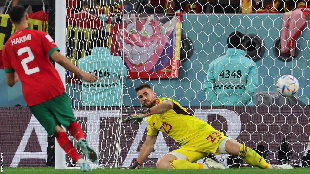 Achraf Hakimi scores a penalty against Spain at the World Cup