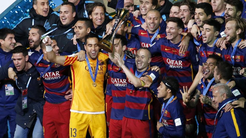 Barcelona players celebrates with the World Club Cup trophy