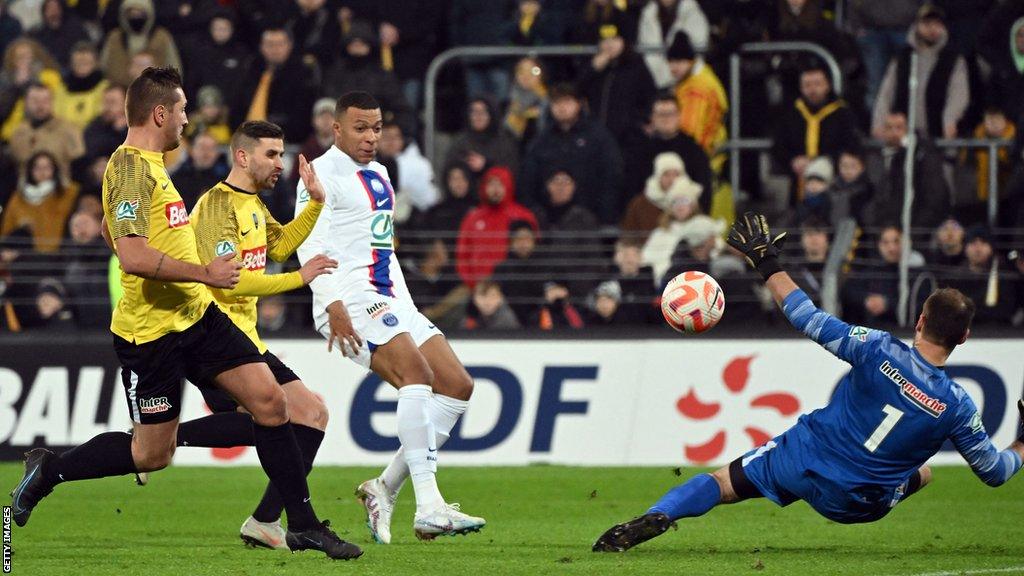 PSG forward Kylian Mbappe scores in the French Cup win over Pays de Cassel