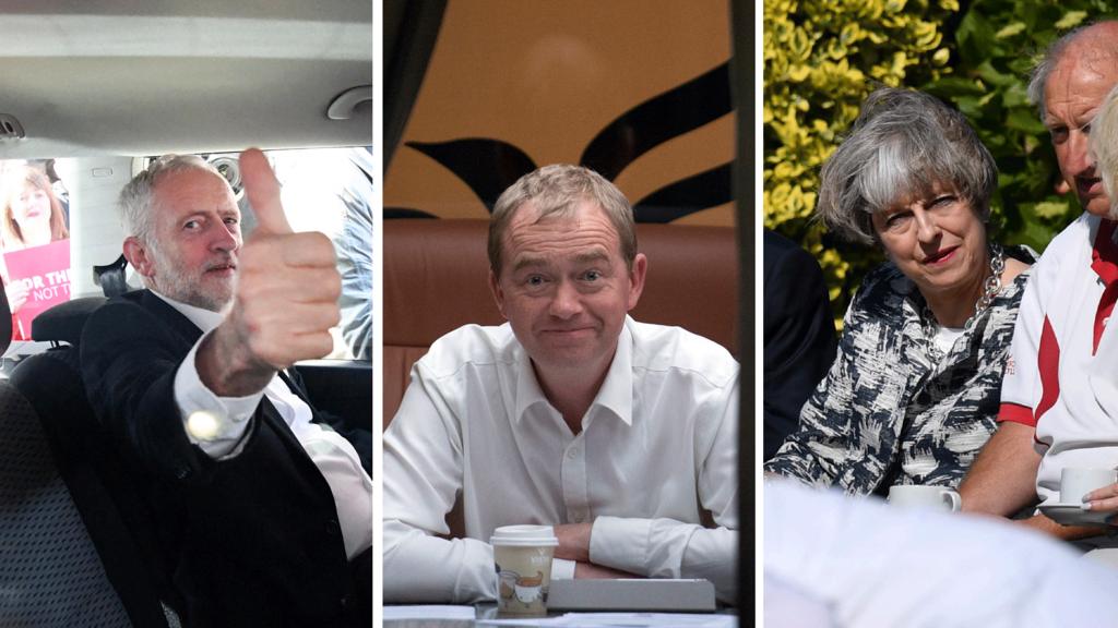 Jeremy Corbyn, Tim Farron and Theresa May