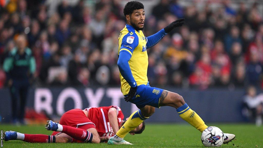 Josh Laurent wins the ball for Stoke City in their Championship victory over Middlesbrough