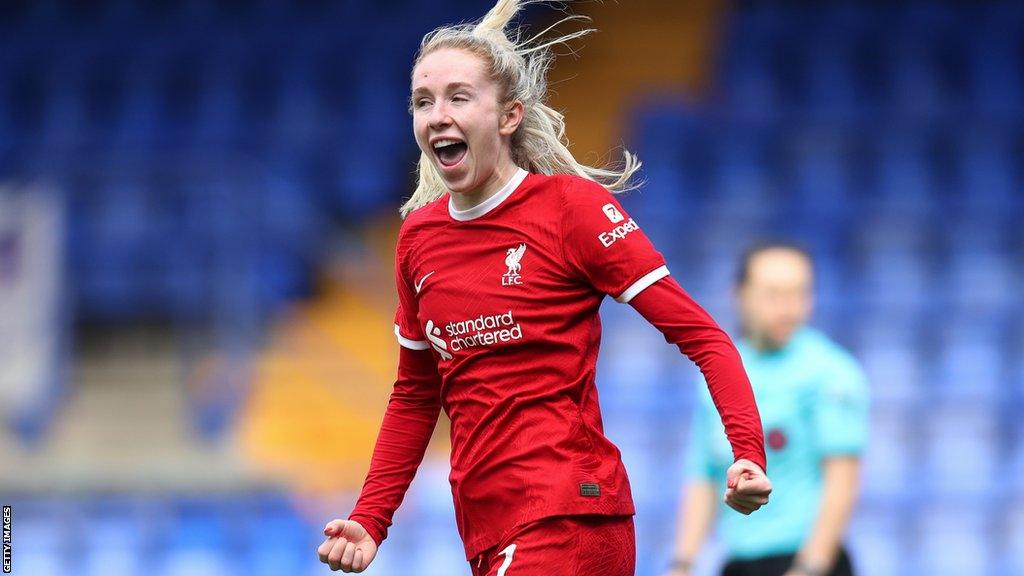 Missy Bo Kearns celebrating scoring Liverpool's second goal against West Ham in the WSL