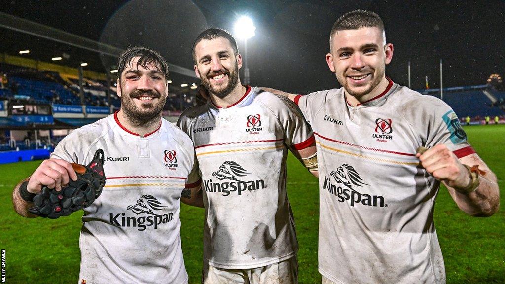 Tom O'Toole, Stuart McCloskey and Nick Timoney pictured after Ulster's win over Leinster