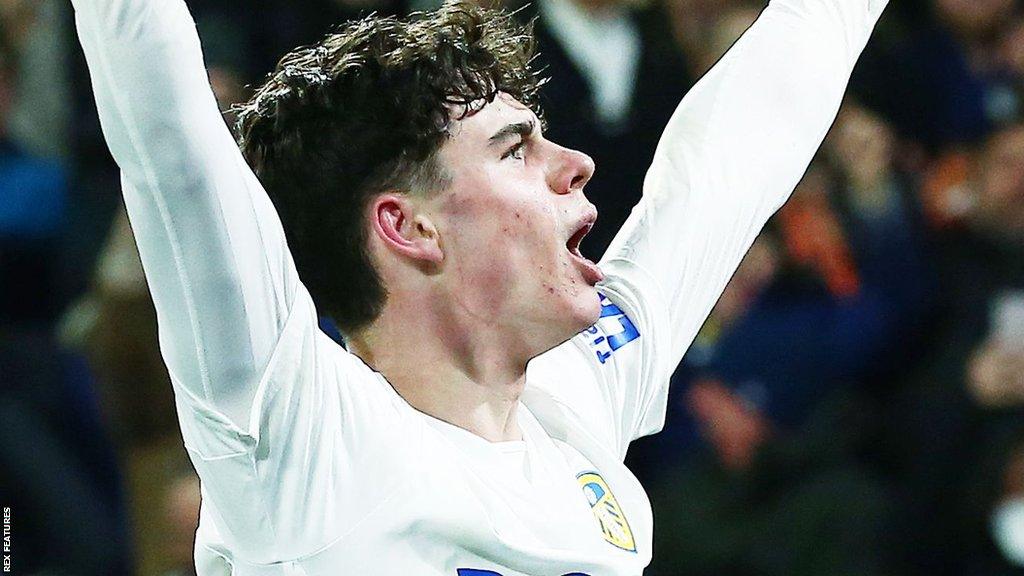 Archie Gray celebrates scoring for Leicester