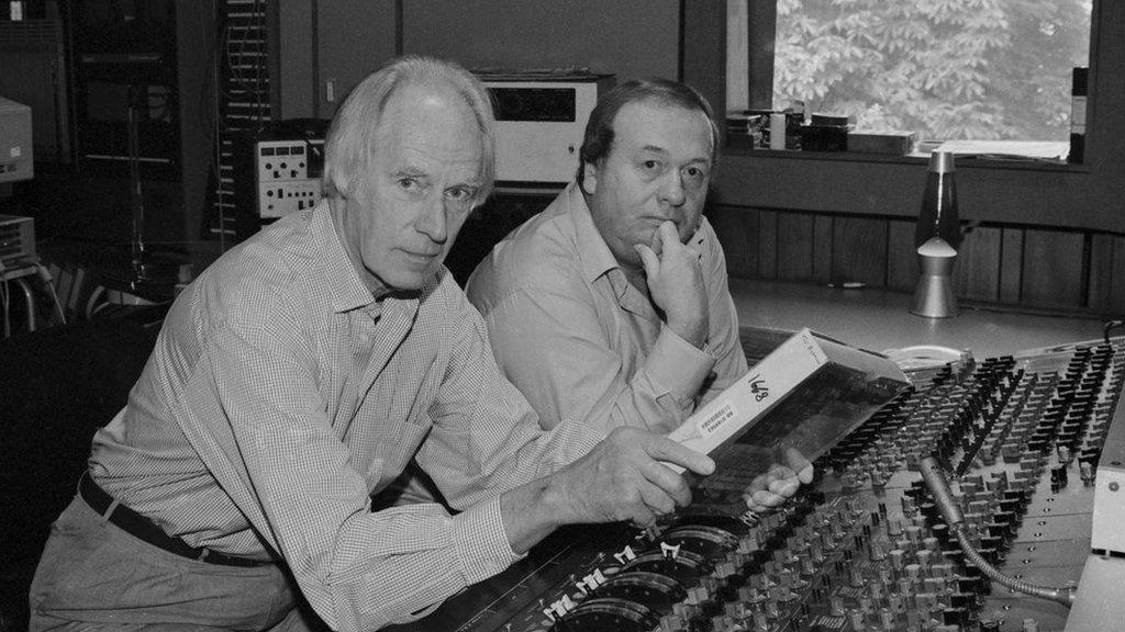 Geoff Emerick at the mixing desk with Beatles producer Sir George Martin