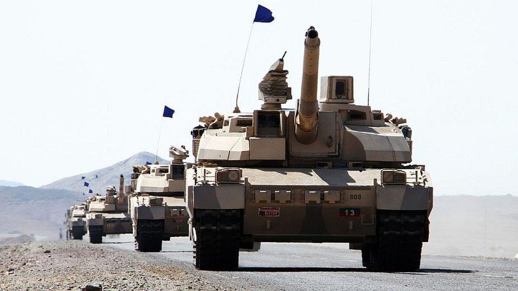 French-made Leclerc tanks of the Saudi-led coalition are deployed in the coastal district of Dhubab on January 7, 2017, during a military operation