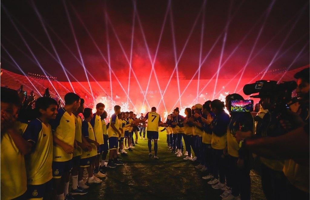 Ronaldo is introduced to Al-Nassr fans at Mrsool Park Stadium in Riyadh, Saudi Arabia