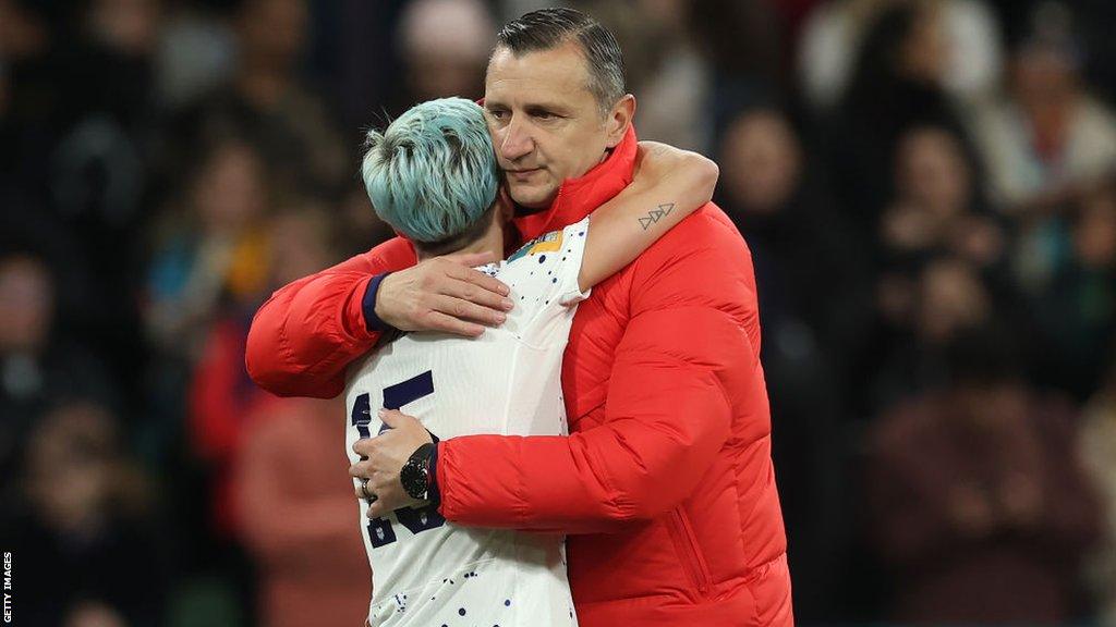 Megan Rapinoe hugs Vlatko Andonovski