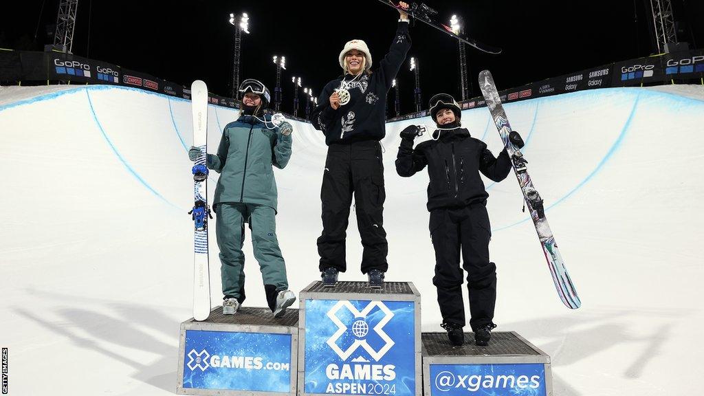 Zoe Atkin (left) on podium in Aspen