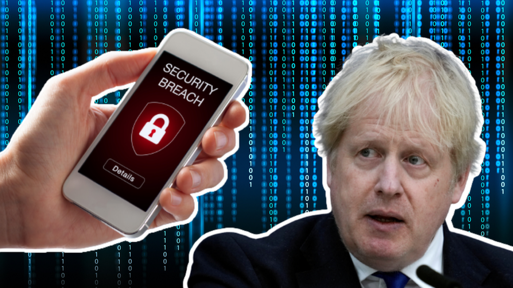 boris johnson and phone with security breach message