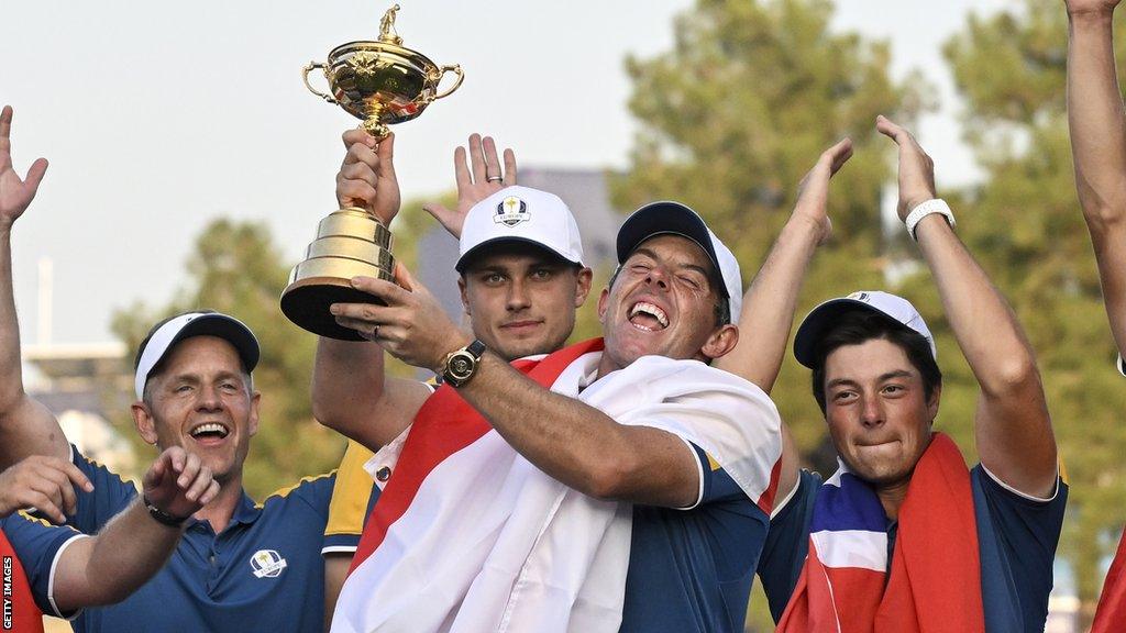 Rory McIlroy celebrates winning the Ryder Cup