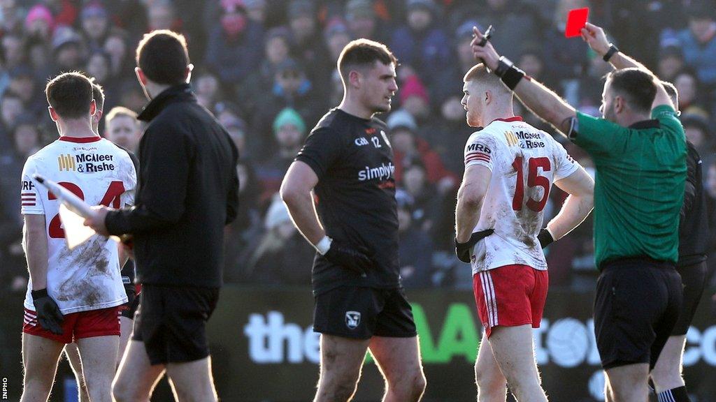 Referee David Gough sends off Armagh's Greg McCabe in last year's League game at the Athletic Grounds and four Tyrone players were also shown red cards that day