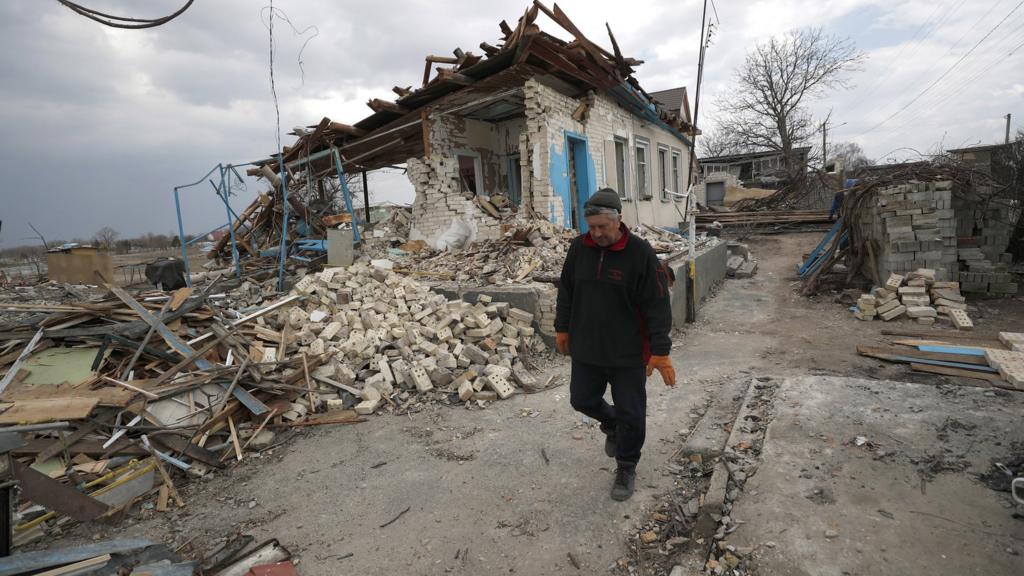 Destroyed building in village in Kyiv Oblast