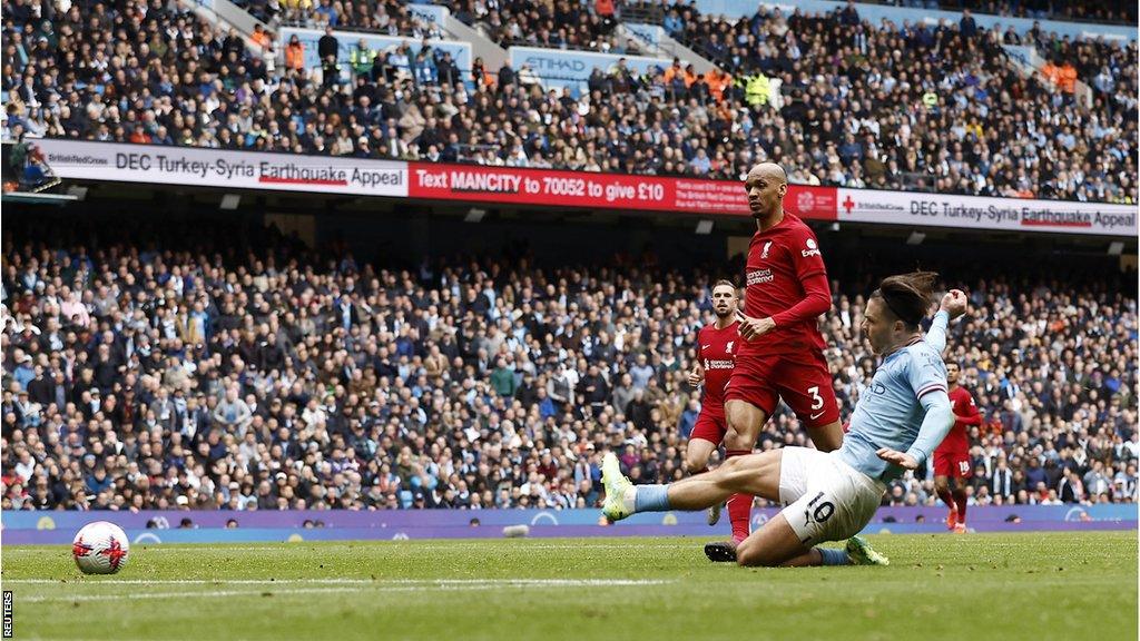 Jack Grealish scores Manchester City's fourth goal against Liverpool