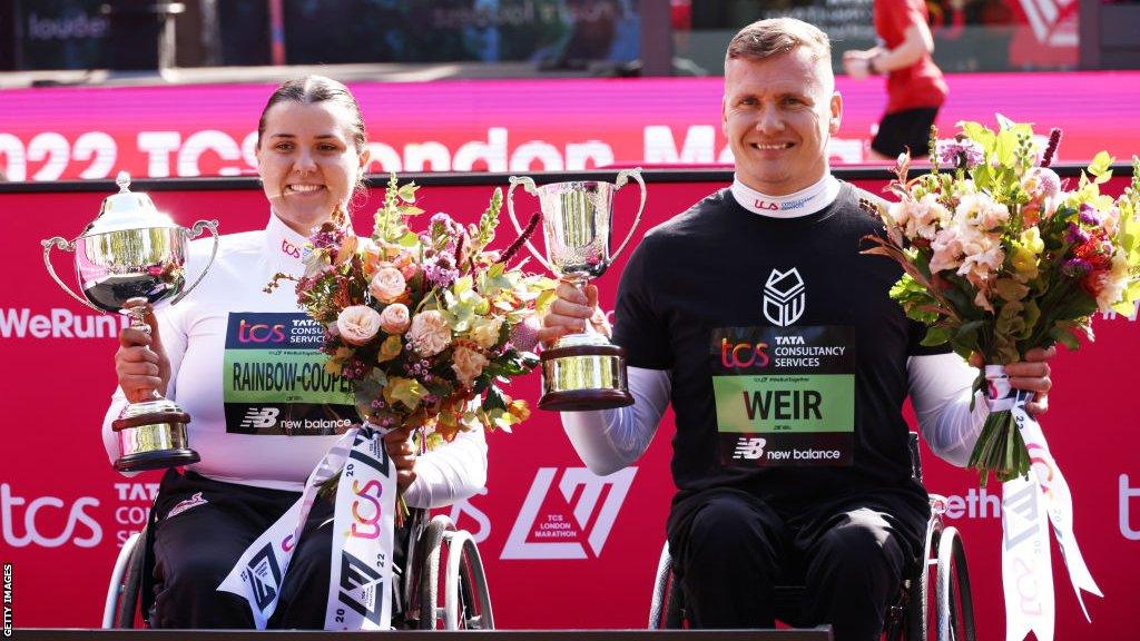 Eden Rainbow-Cooper and David Weir after last year's London Marathon