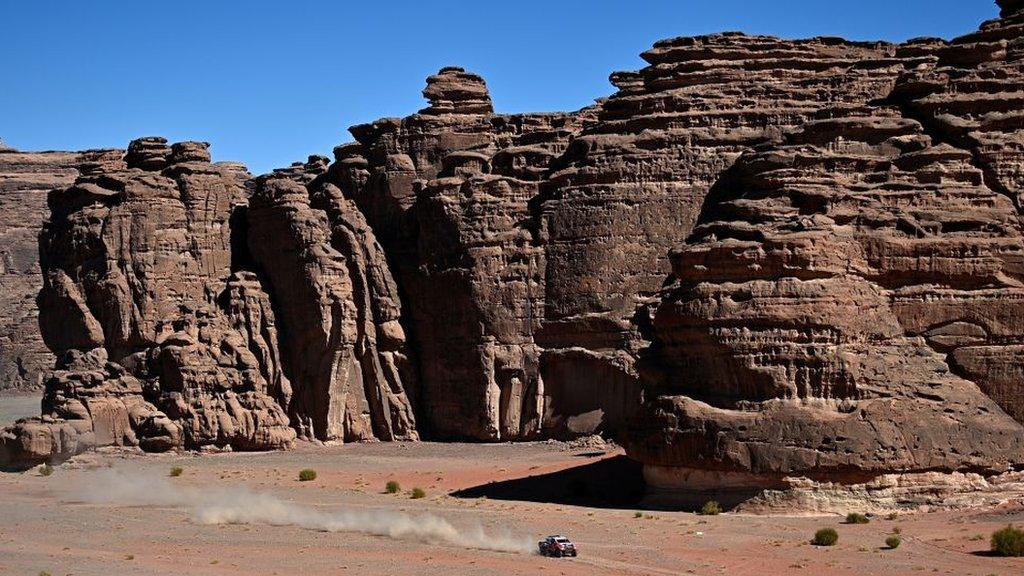 Toyota driver Nasser Al-Attiyah of Qatar and his co-driver Mathieu Baumel of France compete during the Stage 3 of the Dakar 2020 around Neom, Saudi Arabia, on 7 January 2020