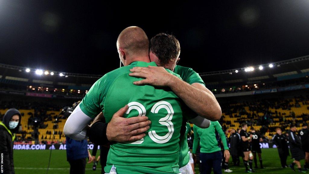 O'Mahony hugs Keith Earls after Ireland's win over the All Blacks