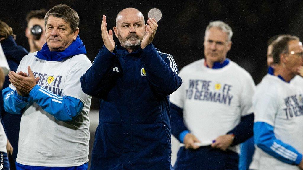 Steve Clarke applauds fans after the final Euro 2024 at home to Norway at Hampden in November