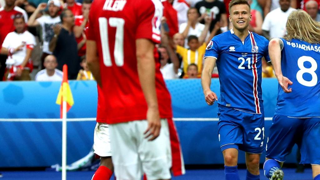 Iceland"s Arnor Ingvi Traustason celebrates