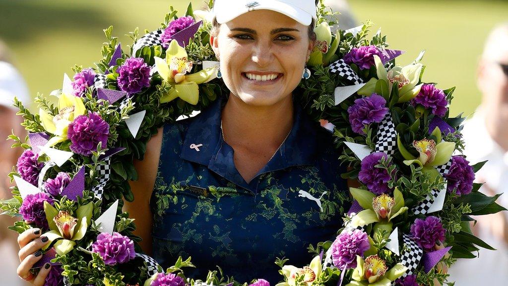 Lexi Thompson celebrates winning the inaugural Indy Women in Tech Championship