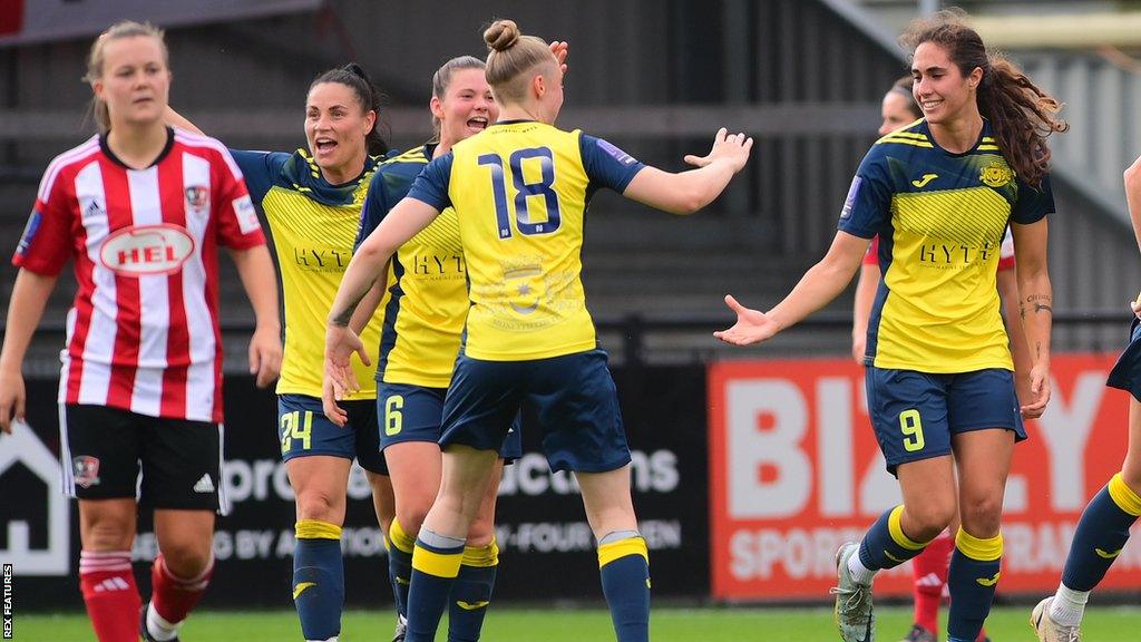 Moneyfields FC Women celebrate a goal against Exeter City