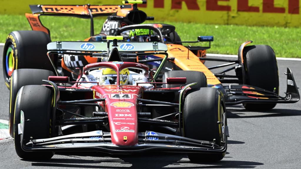 Lewis Hamilton's Ferrari with Lando Norris' McLaren just behind during first practice for the Italian Grand Prix