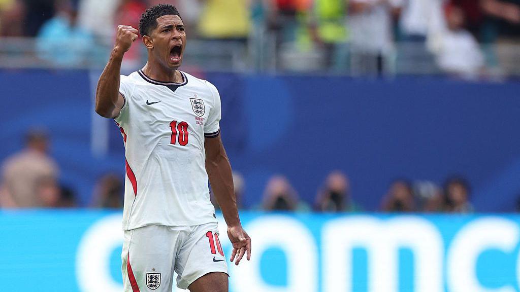 Jude Bellingham celebrates after scoring the equalising goal during the 2026 World Cup football tournament quarter-final match between Norway and England.