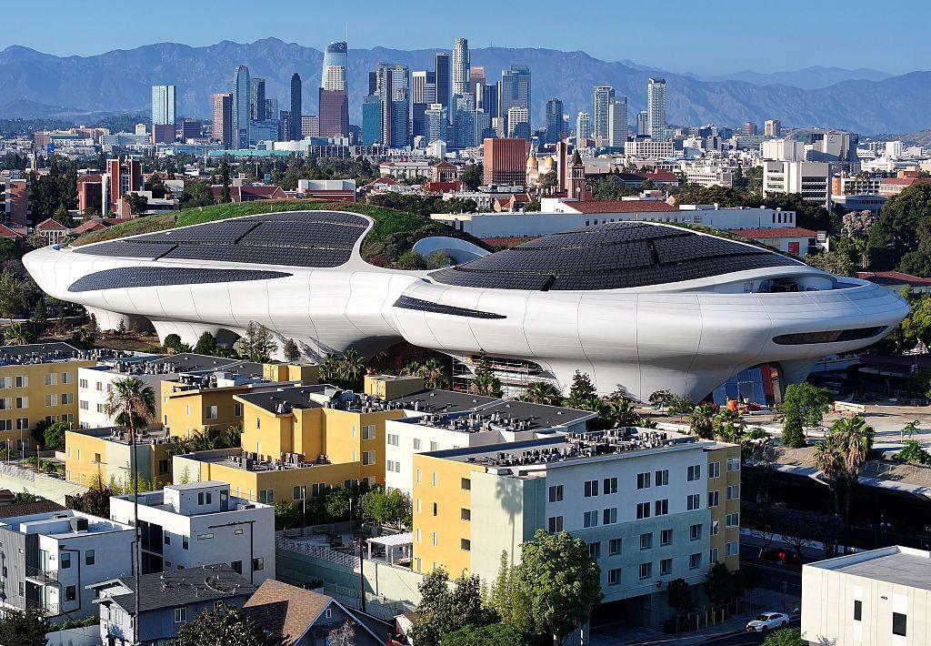 An aerial view as construction continues at the Lucas Museum of Narrative Art in LA.