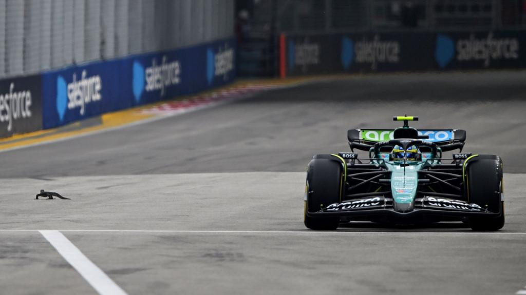 Fernando Alonso in his Aston Martin passes a lizard on the track during Singapore Grand Prix third practice