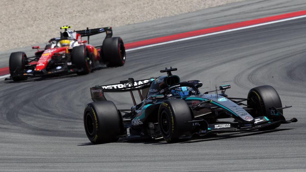 Mercedes' George Russell ahead of Ferrari's Lewis Hamilton in the Barcelona-Catalunya Grand Prix